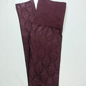 Burgundy Damask Patterned Leggings 1X